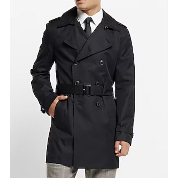 EXPRESS Sz XL Black Men Trench Coat Belt Hope Faith Courage Embroidered Peacoat
